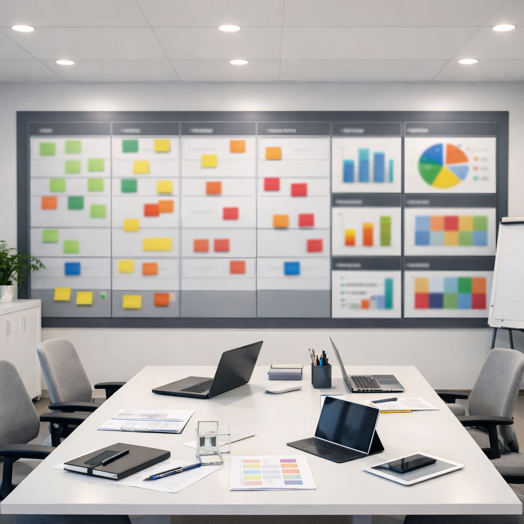 Projektumgebung mit Statusbericht-Wand.